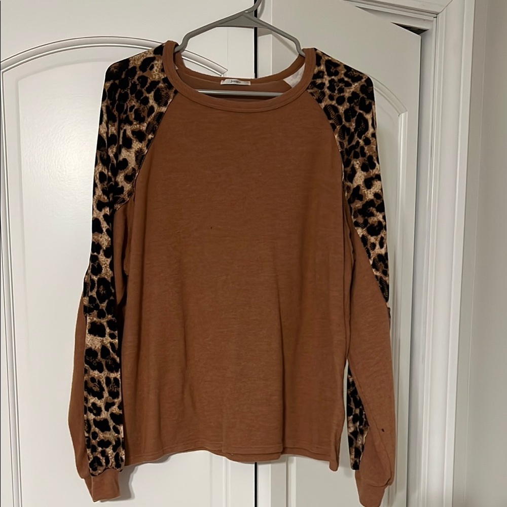 Brown Long Sleeve Top with Leopard Print